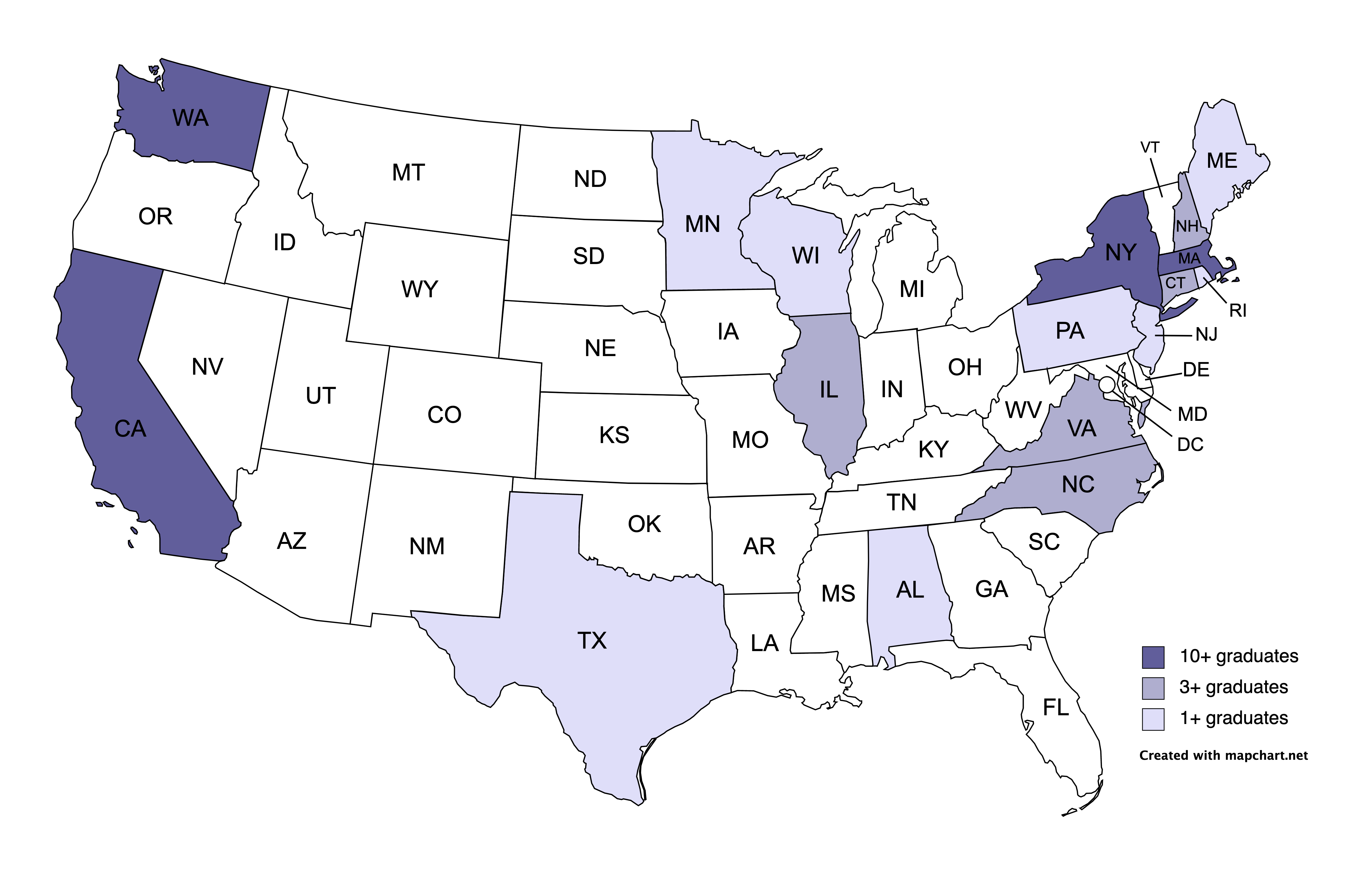 States where undergraduates ended up. Top states include Massachusetts, California, New York, and Washington.