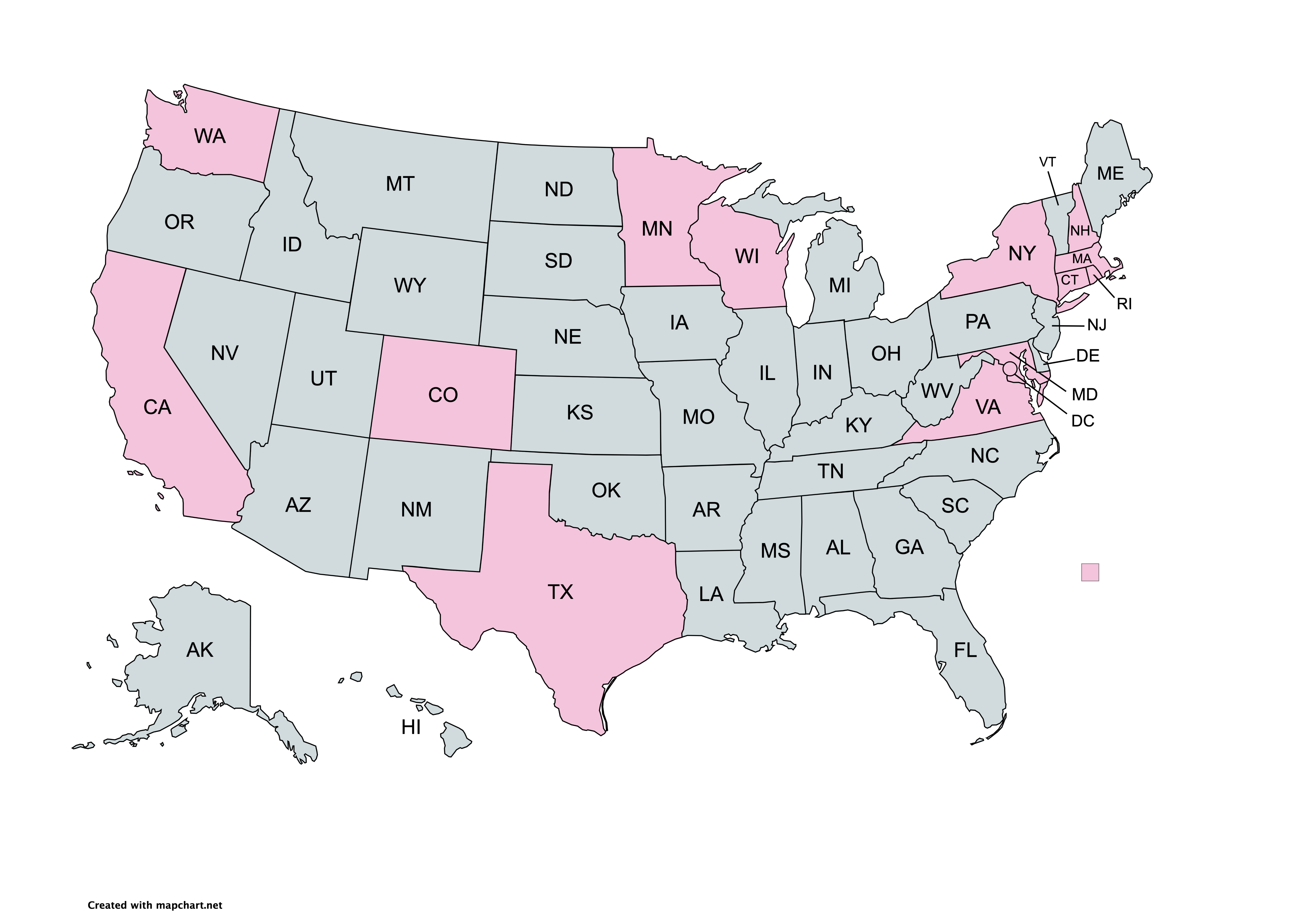 States where Master's graduates ended up. States include California, Colorado, Connecticut, Massachusetts, Maryland, Minnesota, New Hampshire, New York, Rhode Island, Texas, Virginia, Washington, and Wisconsin.