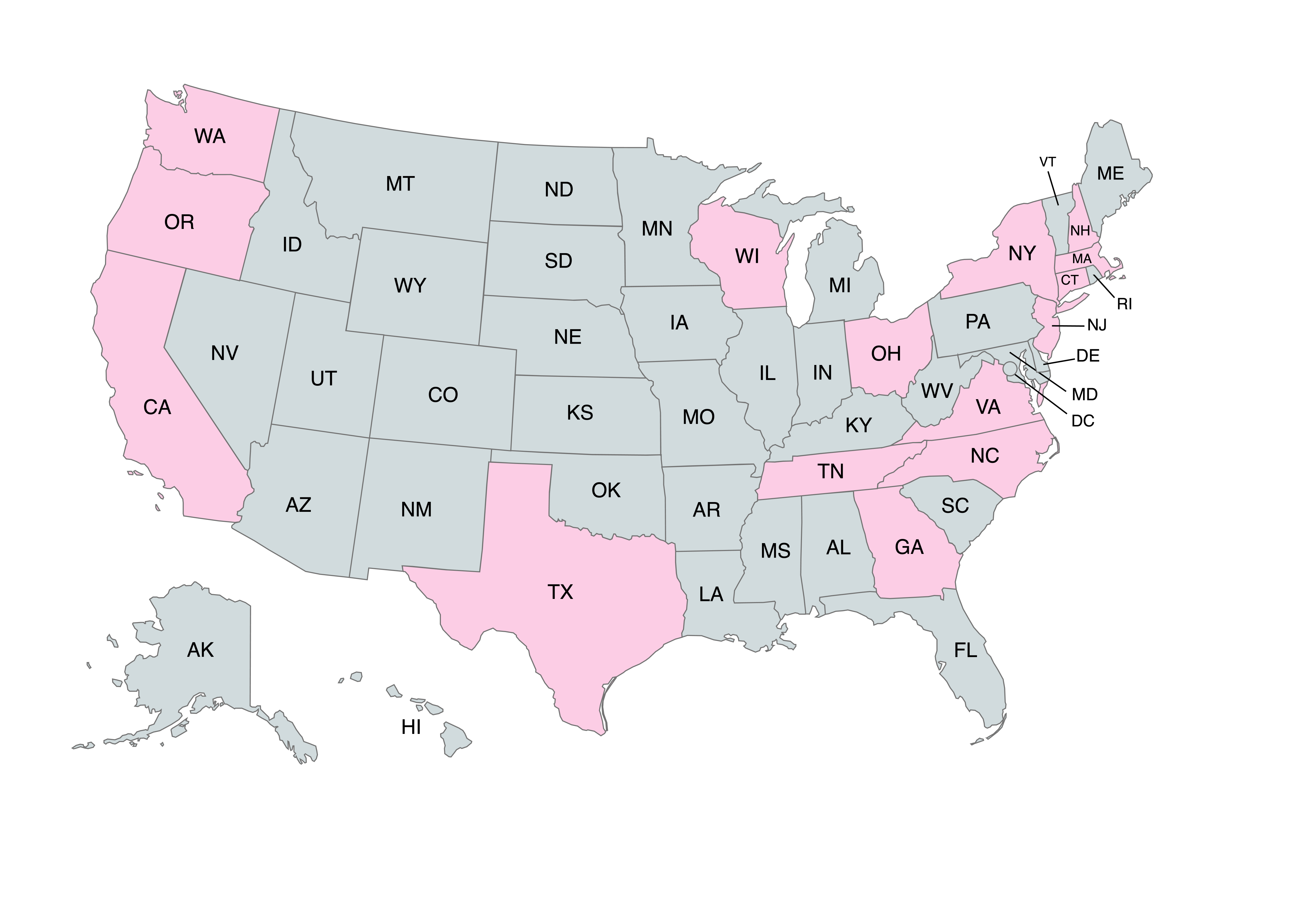 States where undergraduates ended up. Top states include Massachusetts, California, New York, and Washington.