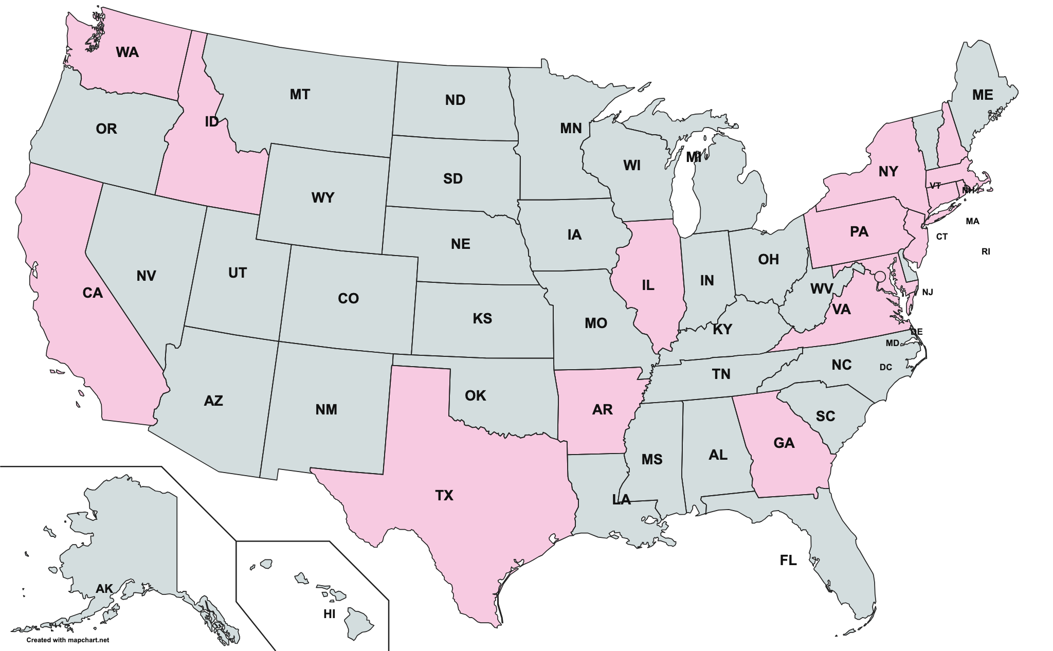 States where undergraduates ended up. States include Arkansas, California, Connecticut, District of Columbia, Georgia, Idaho, Illinois, Massachusetts, Maryland, New Hampshire, New Jersey, New York, Pennsylvania, Rhode Island, Texas, Virginia, and Washington. International destinations are also represented in the data.